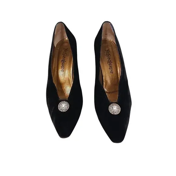 Yves Saint Laurent Black Velvet Jeweled Pointed Toe Heels Size 9.5 Party Vintage - Picture 2 of 16